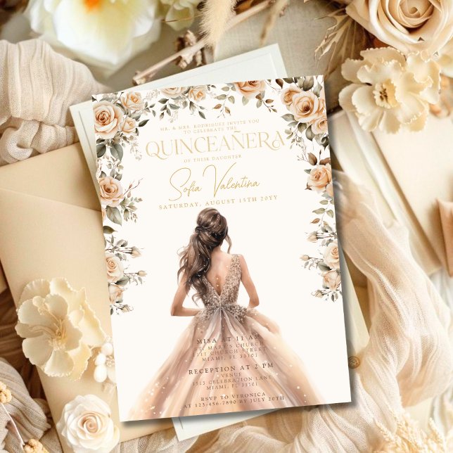 Quinceañera Champagne Gold Floral Gown Princess Invitation (Quinceañera Champagne Gold Floral Gown Princess Invitation)