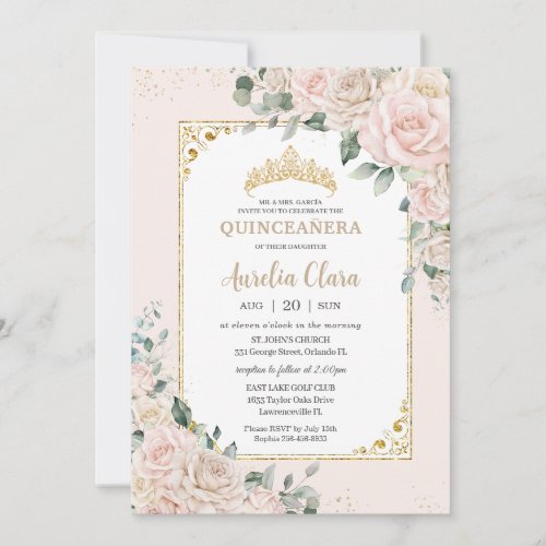 Quinceaera Champagne Ivory Blush Floral Gold Invitation