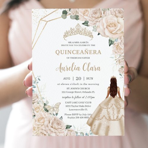 Quinceanera Champagne Ivory Floral Dress Princess Invitation