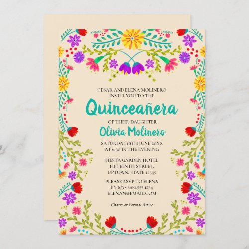 Quinceanera Champagne Mexican Flowers Birthday Invitation