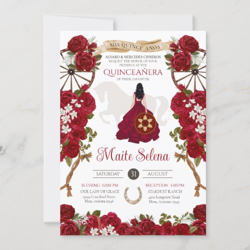 Quinceanera Charra Elegant Red Roses Quince Anos  Invitation