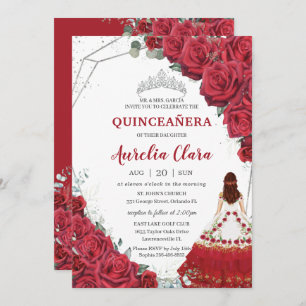 Quinceañera Charro Dress Red Roses Floral Silver Invitation