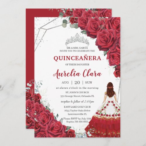 Quinceaera Charro Dress Red Roses Floral Silver Invitation
