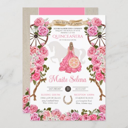 Quinceanera Charro Elegant Pink Rose Western Flora Invitation