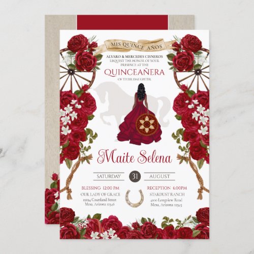 Quinceanera Charro Elegant Red Rose Western Floral Invitation