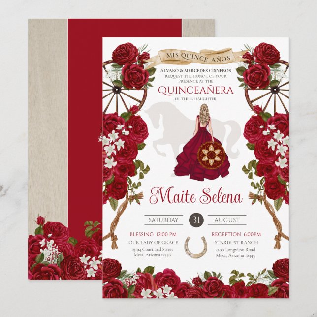 Quinceanera Charro Elegant Red Rose Western Rustic Invitation (Front/Back)