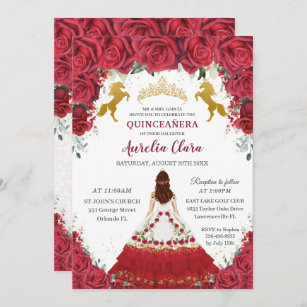 Quinceañera Charro Red Floral Princess Gold Horses Invitation