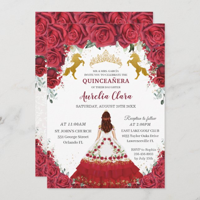 Quinceañera Charro Red Floral Princess Gold Horses Invitation (Front/Back)
