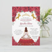 Quinceañera Charro Red Floral Princess Gold Horses Invitation (Standing Front)