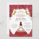 Quinceañera Charro Red Floral Princess Gold Horses Invitation (Front)