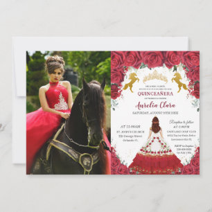Quinceañera Charro Red Floral Princess Gold Horses Invitation