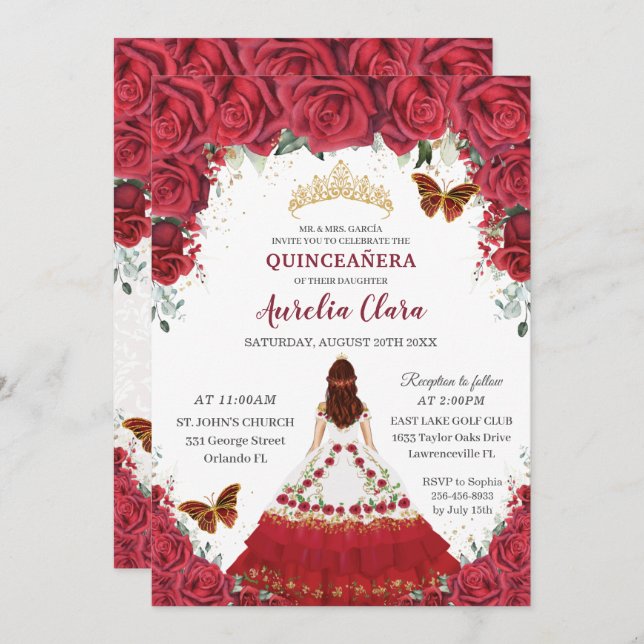 Quinceañera Charro Red Floral Princess Horse Shoe  Invitation (Front/Back)