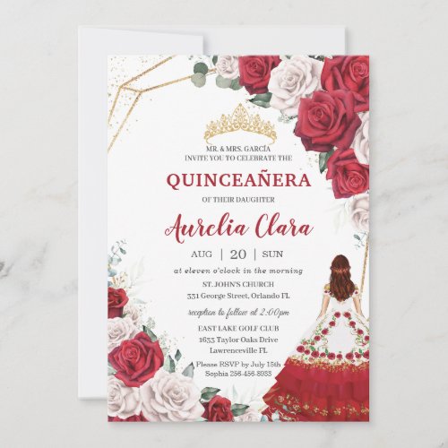 Quinceaera Charro Red White Roses Floral Gold Invitation