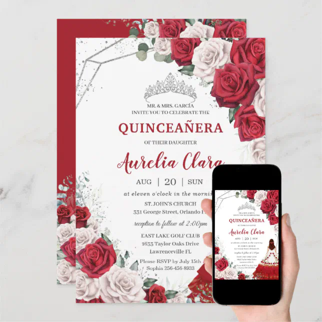 Quinceañera Charro Red White Roses Floral Silver Invitation 