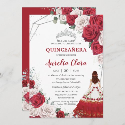 Quinceaera Charro Red White Roses Floral Silver Invitation