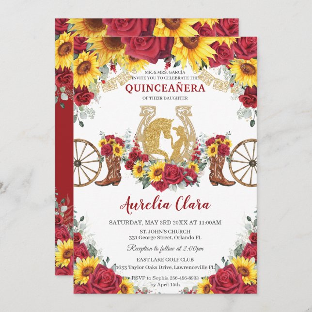 Quinceañera Charro Sunflowers Red Roses Horse Boot Invitation (Front/Back)