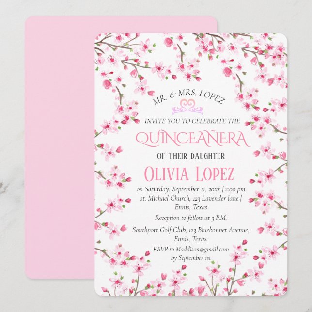 Quinceañera Cherry Blossom Floral 15th Birthday  Invitation (Front/Back)
