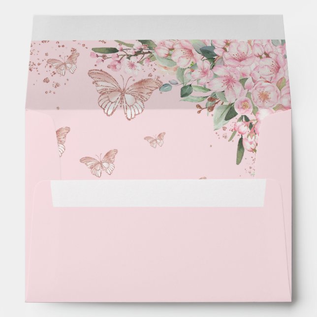 Quinceañera Cherry Blossoms Rose Gold Butterflies Envelope (Back (Bottom))