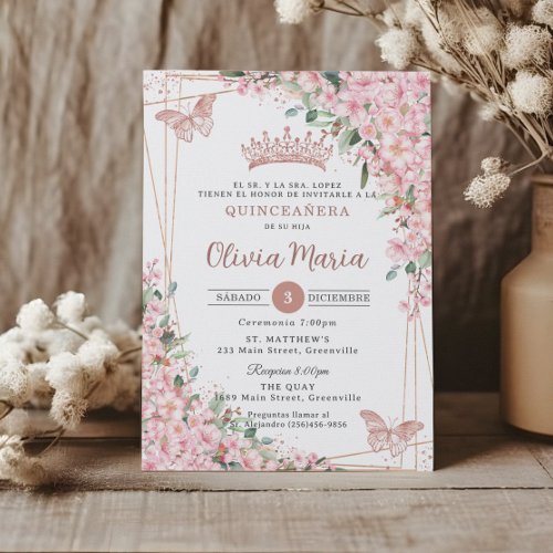 Quinceaera Cherry Blossoms Rose Gold Butterflies  Invitation