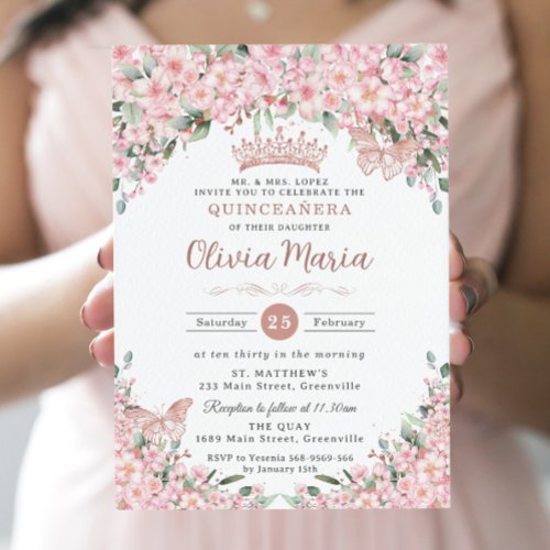 Quinceaera Cherry Blossoms Rose Gold Butterflies Invitation