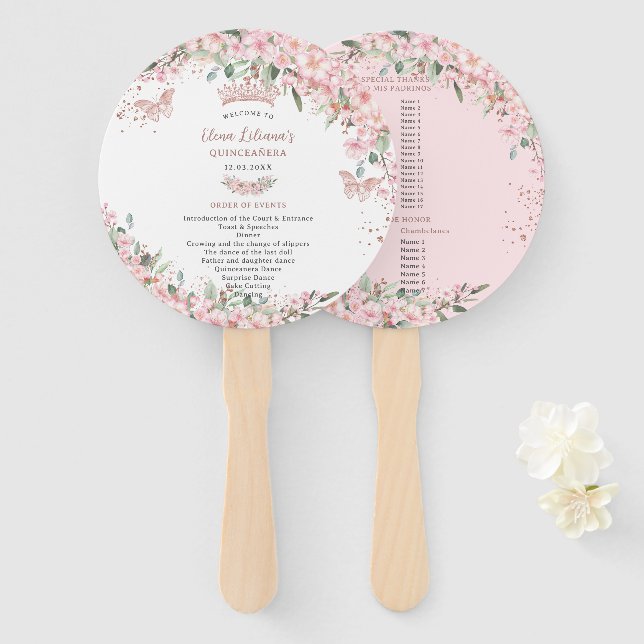 Quinceañera Cherry Blossoms Rose Gold Program Hand Fan (Front and Back)