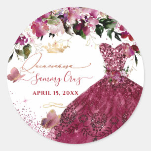 Quinceanera Cherry Red Glitter Dress Classic Round Sticker