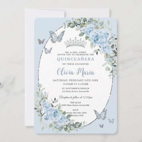 Quinceaera Chic Baby Blue Floral Butterflies Invitation
