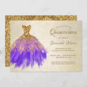 Quinceanera Chic Gold Purple Dress Gold Glam Party Invitation