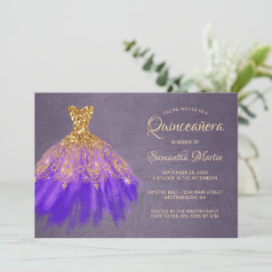 Quinceanera Chic Gold Purple Dress on Plum Party Invitation