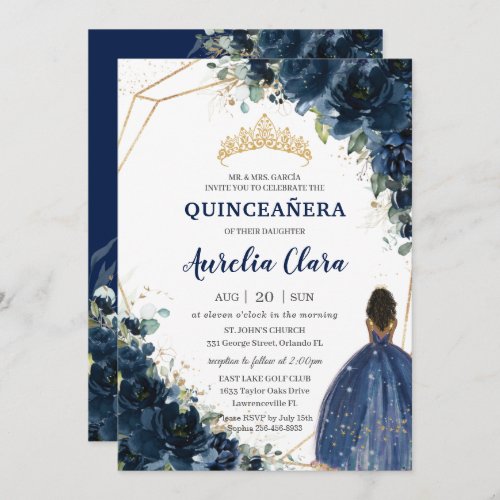 Quinceaera Chic Navy Blue Floral Brown Princess Invitation