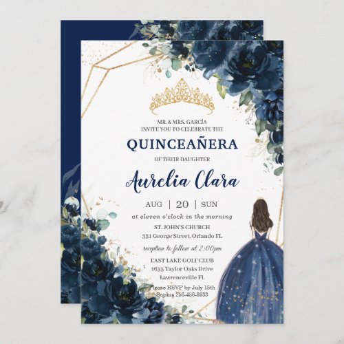 Quinceaera Chic Navy Blue Floral Princess Crown  Invitation