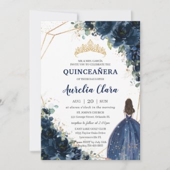 Quinceañera Chic Navy Blue Floral Princess Crown Invitation | Zazzle