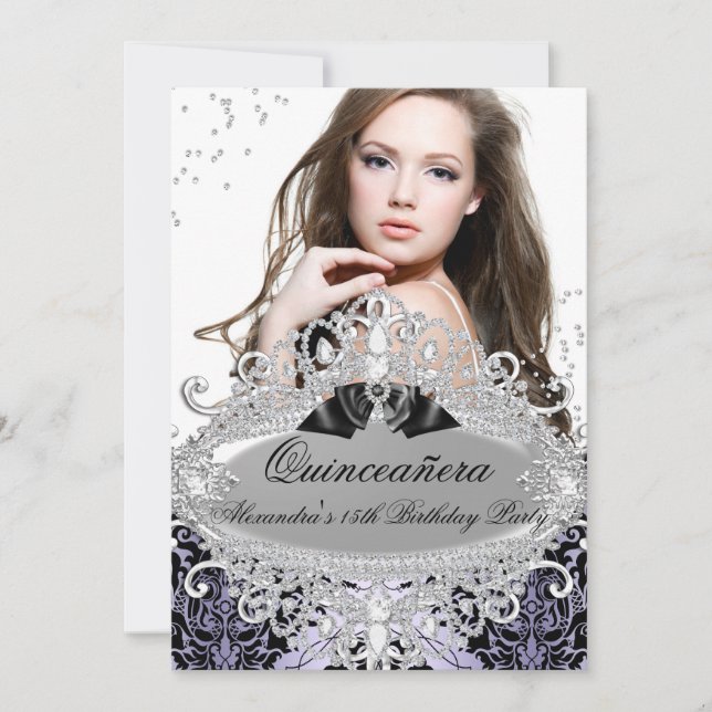 Quinceanera Chic Purple Damask Diamond Jewel Photo Invitation (Front)
