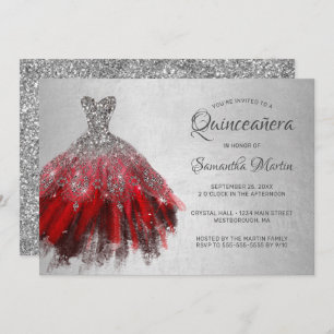 Quinceanera Chic Red Silver Dress Glitter Party Invitation