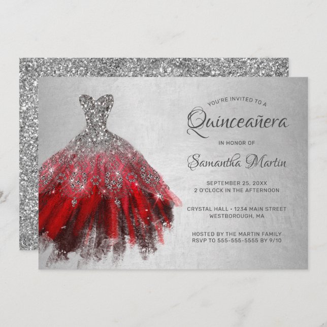 Quinceanera Chic Red Silver Dress Glitter Party Invitation (Front/Back)