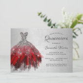 Quinceanera Chic Red Silver Dress Glitter Party Invitation (Standing Front)