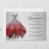 Quinceanera Chic Red Silver Dress Glitter Party Invitation (Front)