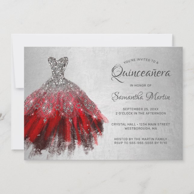Quinceanera Chic Red Silver Dress Shiny Party Invi Invitation (Front)