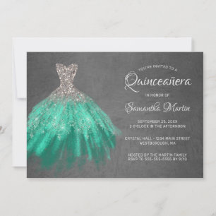 Quinceanera Chic Silver Aqua Dress on Gray Party Invitation