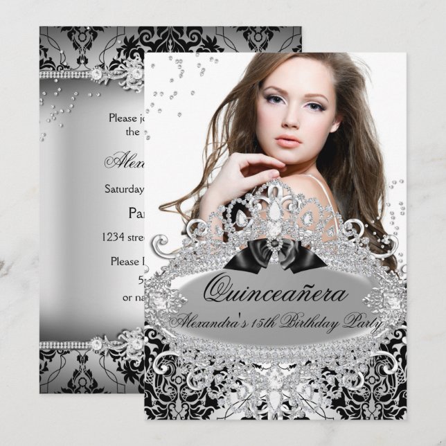 Quinceanera Chic Silver Damask Diamond Jewel Photo Invitation (Front/Back)