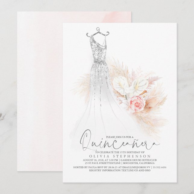 Quinceañera Chic Silver Pampas Grass 15th Birthday Invitation (Front/Back)