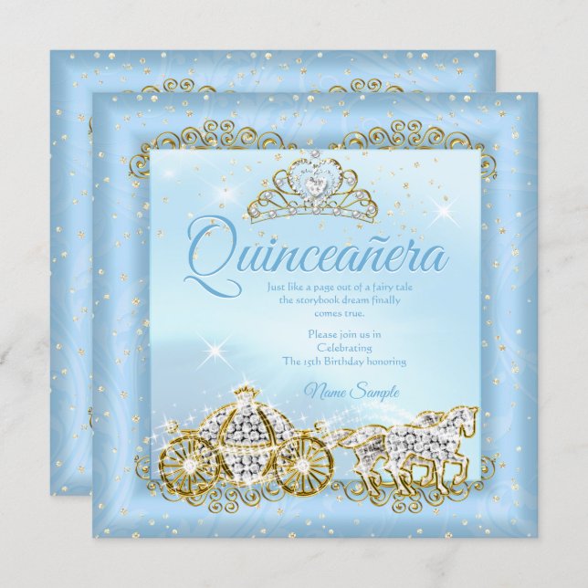 Quinceanera Cinderella Blue fairytale Carriage 2 Invitation (Front/Back)