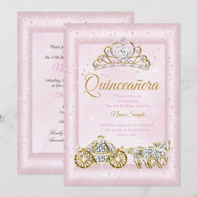 Quinceanera Cinderella Blush Pink Carriage Invitation (Front/Back)