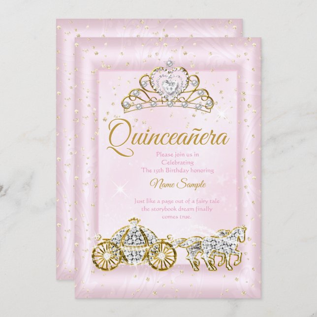 Quinceanera Cinderella Blush Pink Carriage Invitation (Front/Back)
