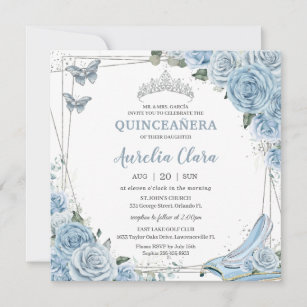 Quinceañera Cinderella Princess Baby Blue Floral Invitation