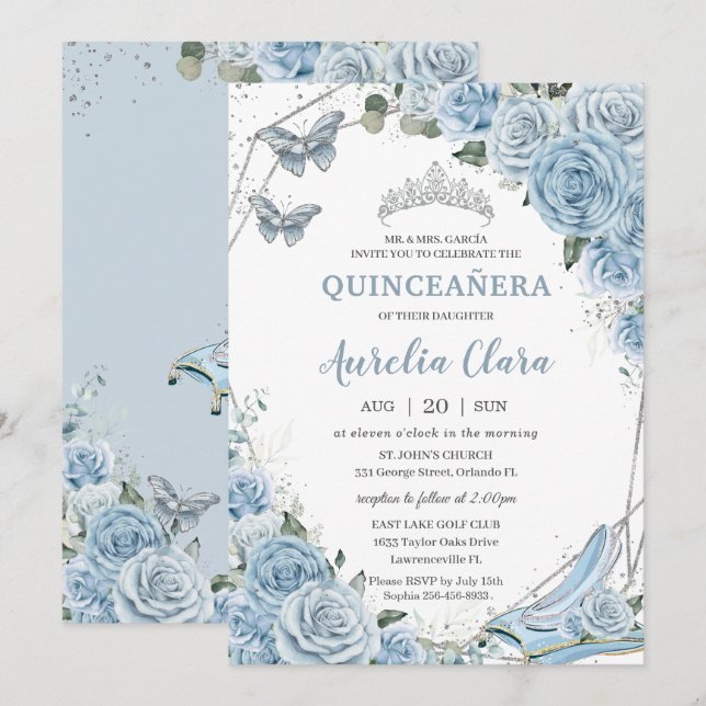 Quinceañera Cinderella Princess Baby Blue Floral Invitation (Front/Back)