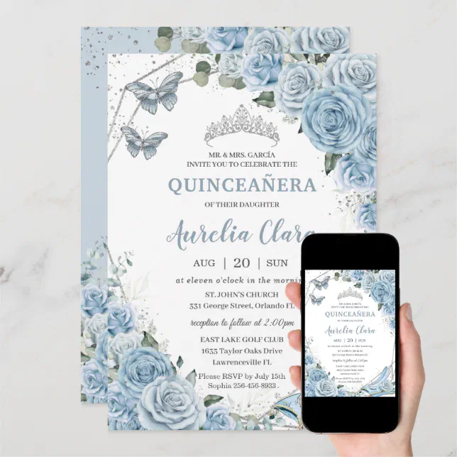 Quinceañera Cinderella Princess Baby Blue Floral Invitation | Zazzle