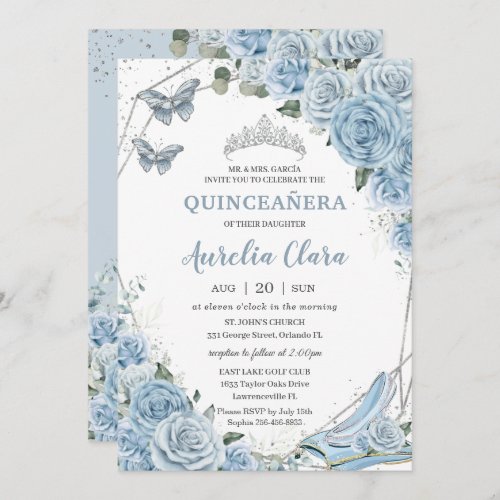 Quinceaera Cinderella Princess Baby Blue Floral Invitation