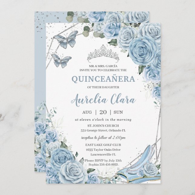 Quinceañera Cinderella Princess Baby Blue Floral Invitation (Front/Back)