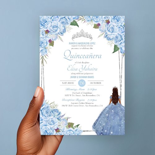 Quinceanera Cinderella Princess Blue Rose Birthday Invitation